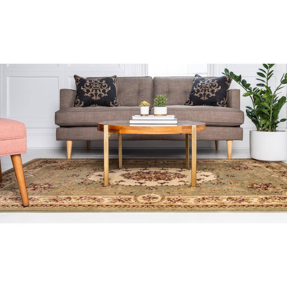 Green and Beige Floral Rectangular Synthetic 9' x 12' Area Rug