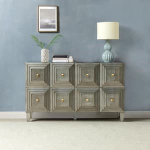 Denise Oatmeal Wood 58 in. Wide Sideboard with Adjustable Shelves 4 Block-patterned Doors and Tapered Solid Wood Legs