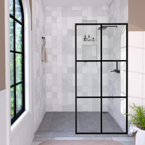 Hermitage Bath Hilma 34 in. W x 72 in. H Fixed Framed Shower Door in Matte Black Finish with Patterned Glass