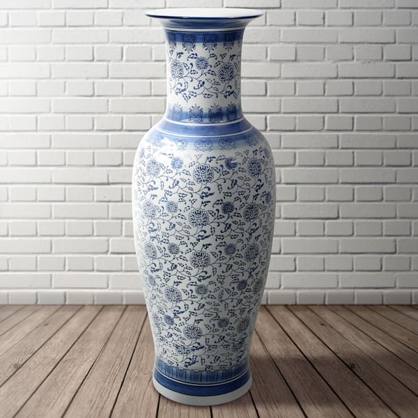 Oriental Furniture 36 in. Floral Blue and White Porcelain Tung Chi Vase