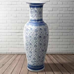 Oriental Furniture 36 in. Floral Blue and White Porcelain Tung Chi Vase