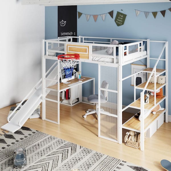 White Full Size Metal Loft bed with Built-in Desk, Basketball hoop, Slide and Staircase