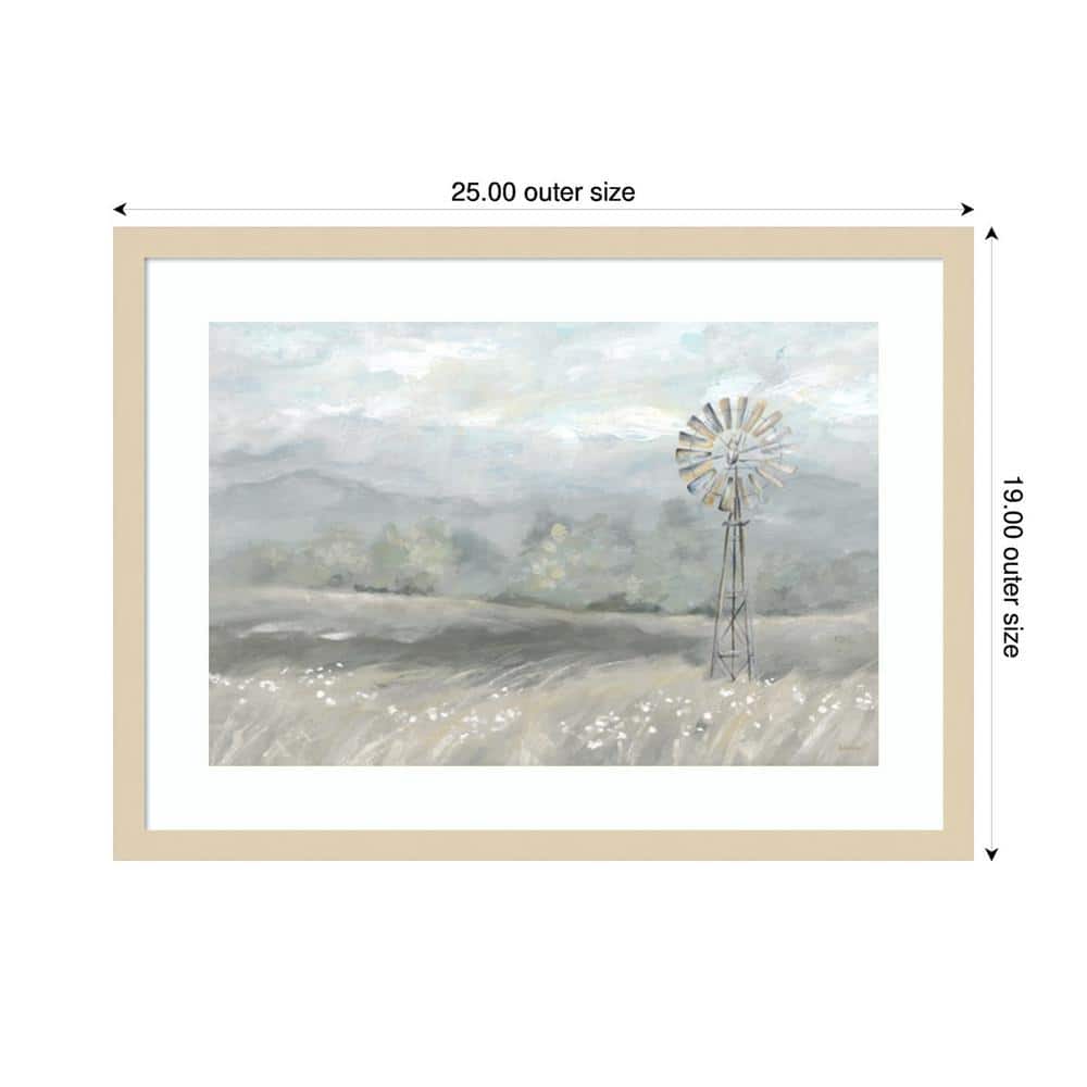 Country Meadow Windmill Framed Scenic Landscape Print in Natural Wood