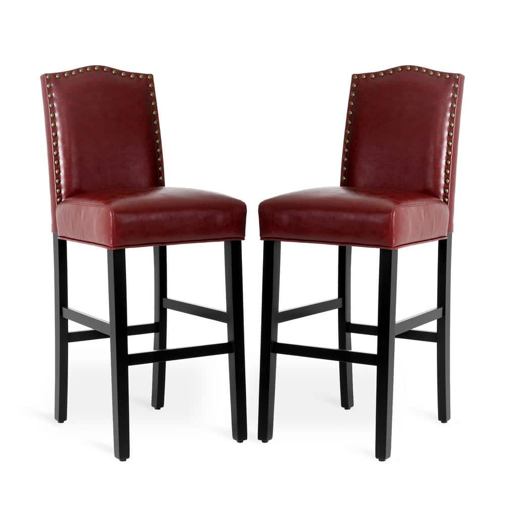 Elegant Red Leatherette Adjustable Barstool Set with Studded Detail