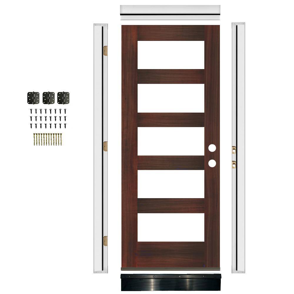 Ready-to-Assemble 32 in. x 80 in. Hemlock Left-Hand/Inswing 5Lite Clear Glass Red Mahogany Stain Wood Prehung Front Door