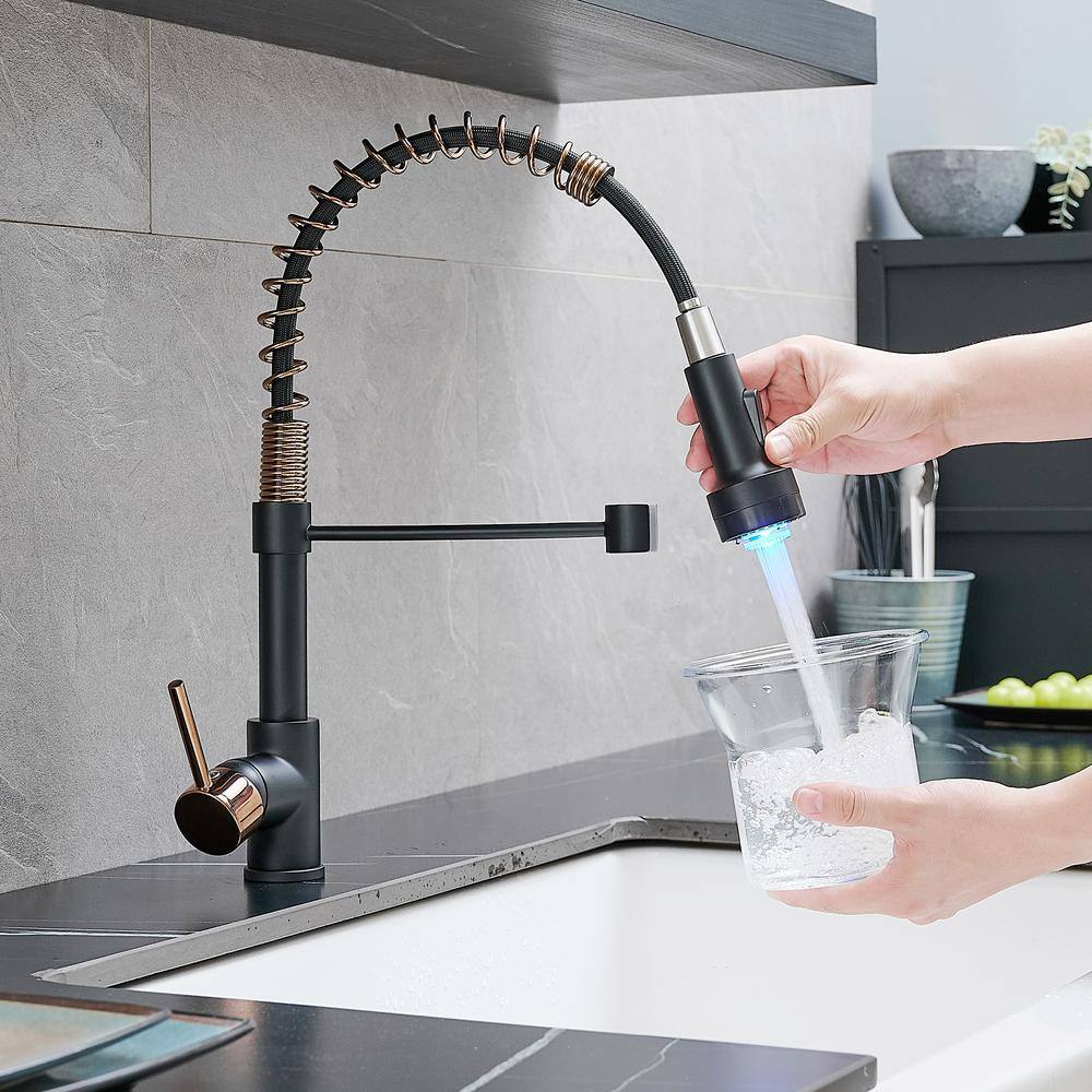 Matte Black and Rose Gold Pull Down Kitchen Faucet with LED Light