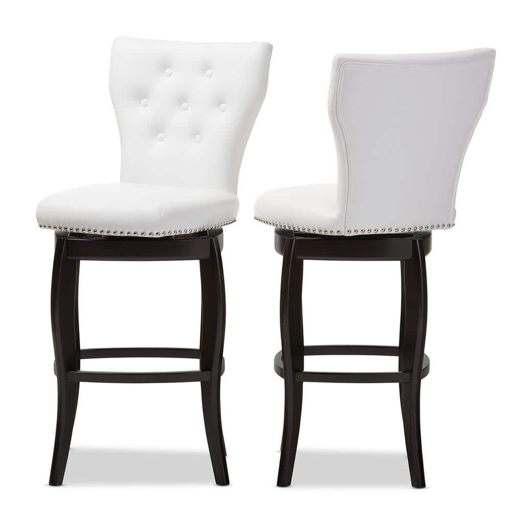 White Faux Leather Button-Tufted Swivel Bar Stools with Dark Wood Legs, Set of 2