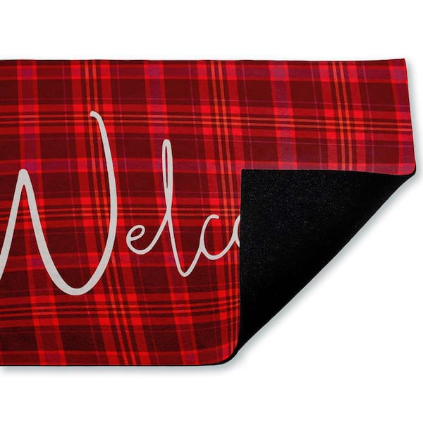 Red Tartan Greeting Red 18 in. x 30 in. Polyester Non-Slip Outdoor Door Mat