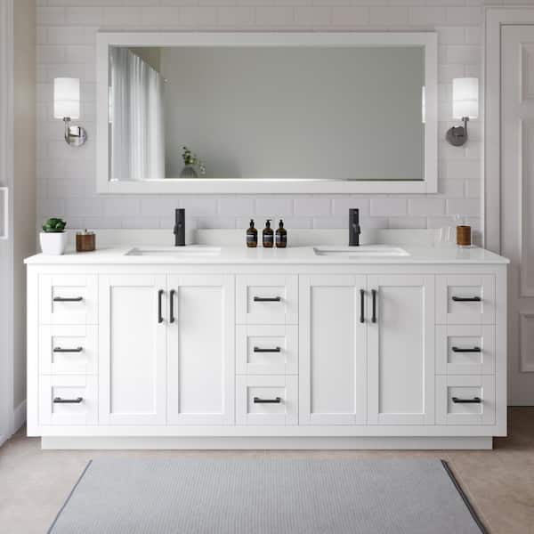 Wyndham Collection Miranda 84 in. W x 22 in. D x 33.75 in. H Double Bath Vanity in White with White Quartz Top and 70 in. Mirror