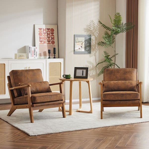 Brown Linen Arm chair (Set of 2) with Wide Armrest