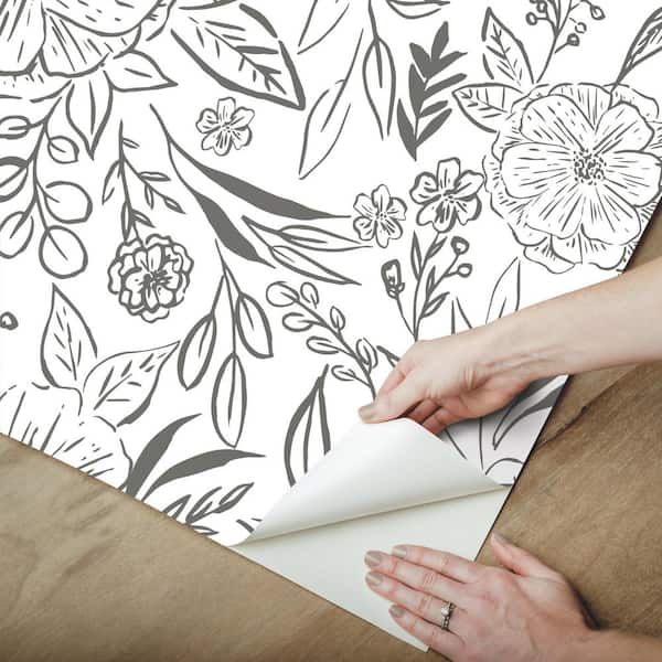 RoomMates Floral Sketch Grey Vinyl Peel and Stick Matte Wallpaper