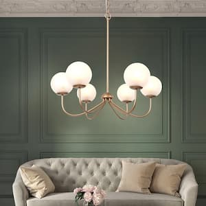 Modern Deep Gold 6-Light Chandelier 27 in. Classic Globe Candlestick Frosted Glass Shades High Ceiling Light