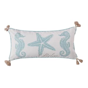 Icaria White, Blue Seahorses, Starfish "Relax" Print With Corner Tassels 12 in. x 24 in. Throw Pillow