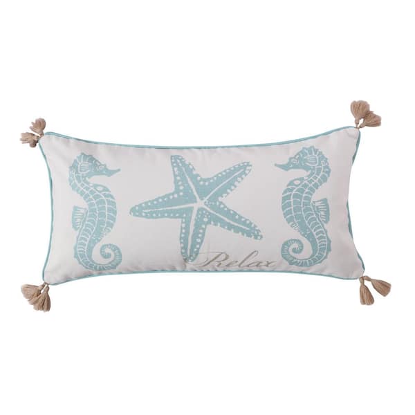 LEVTEX HOME Icaria White, Blue Seahorses, Starfish "Relax" Print With Corner Tassels 12 in. x 24 in. Throw Pillow
