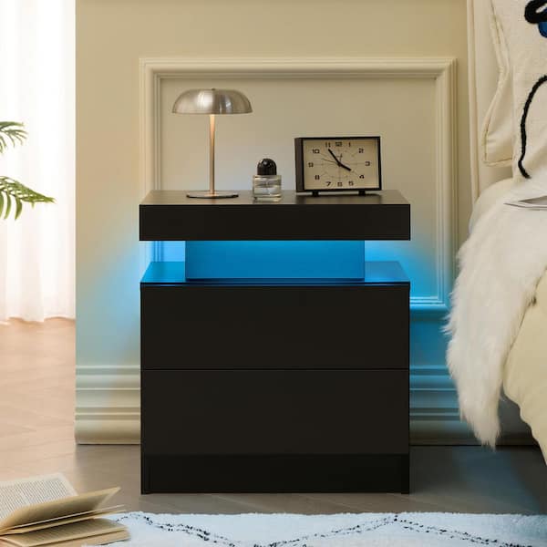 Black 2-Drawer Nightstand with LED Lights, Drawers, and Open Shelf
