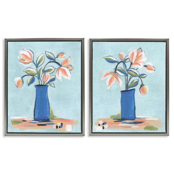 Blue and Peach Flowers by June Erica Vess 2-Pieces Gray Floater Frame Nature Graphic Art Print 31 in. x 25 in.