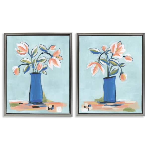 Stupell Industries Blue and Peach Flowers by June Erica Vess 2-Pieces Gray Floater Frame Nature Graphic Art Print 31 in. x 25 in.