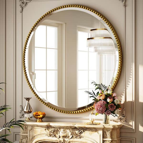 XRAMFY Antique Gold 28 in. W x 28 in. H Round With Decoration Vanity Wall Mirror Polyurethane Framed Mirror