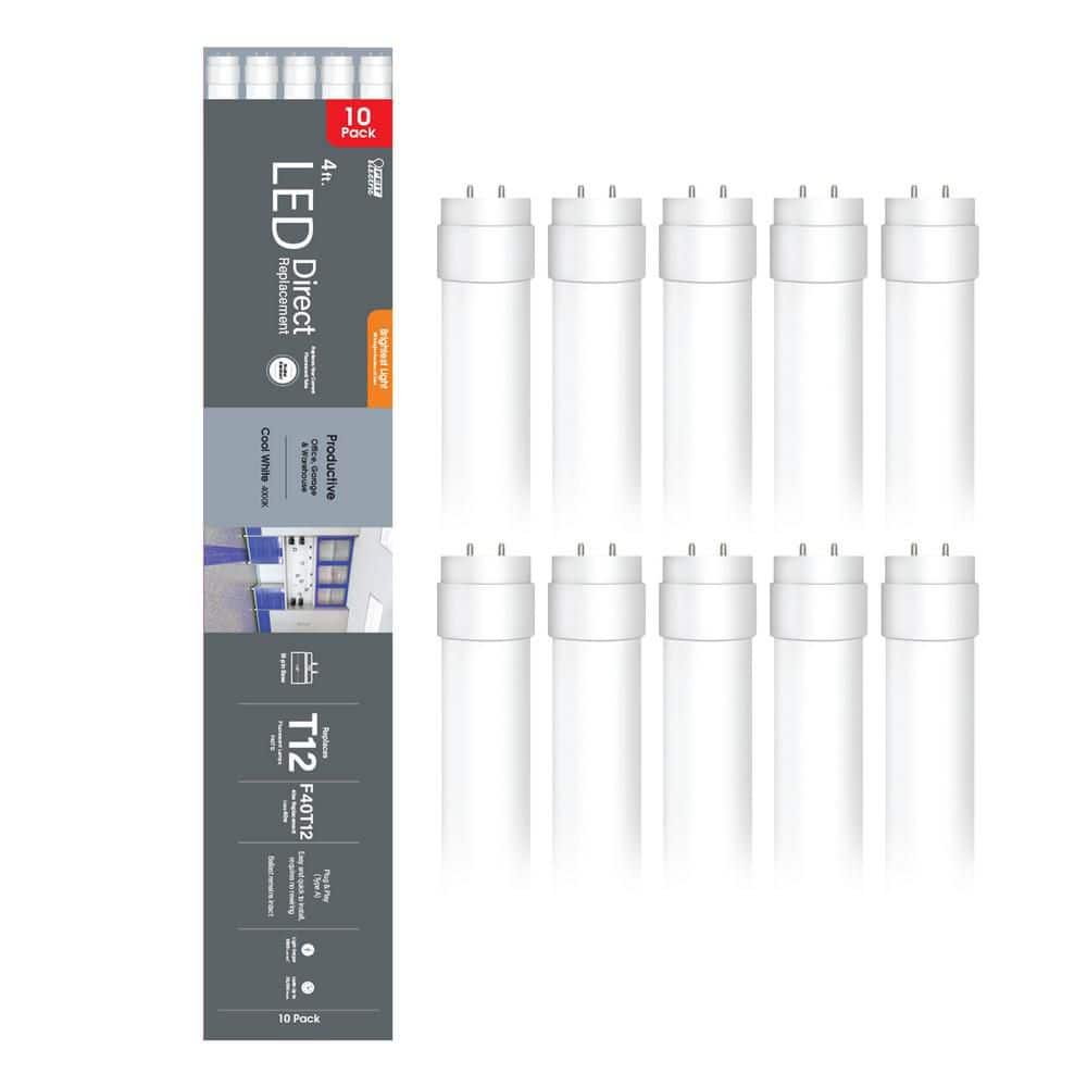 Feit Electric - 40-Watt 4 ft. T12 G13 Type A Plug and Play High Output Linear LED Tube Light Bulb, Cool White 4000K (10-Pack)