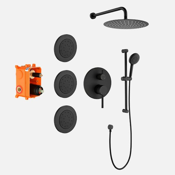 BTCSTAR SUNNIE Single-Handle Spray Round High Pressure Wall Mount Shower Faucet with Body Jets in Matte Black (Valve Included)