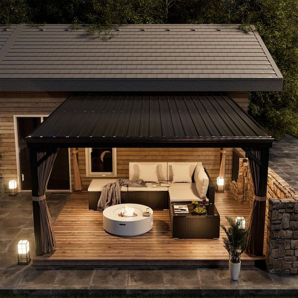 12 ft. x 14 ft. Black Aluminum Frame Wall-Mounted Galvanized Steel Hardtop Lean To Gazebo with Curtains and Netting