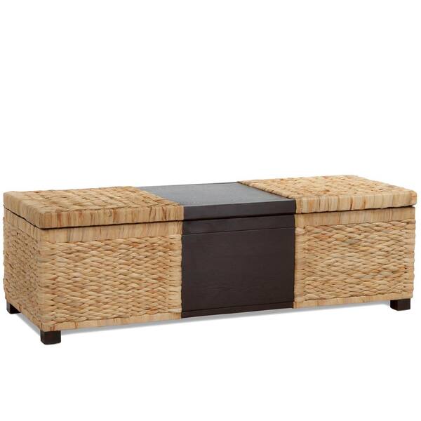 Noble House Rinaldi Two-Tone Natural Rattan and Brown Wood Storage Bench