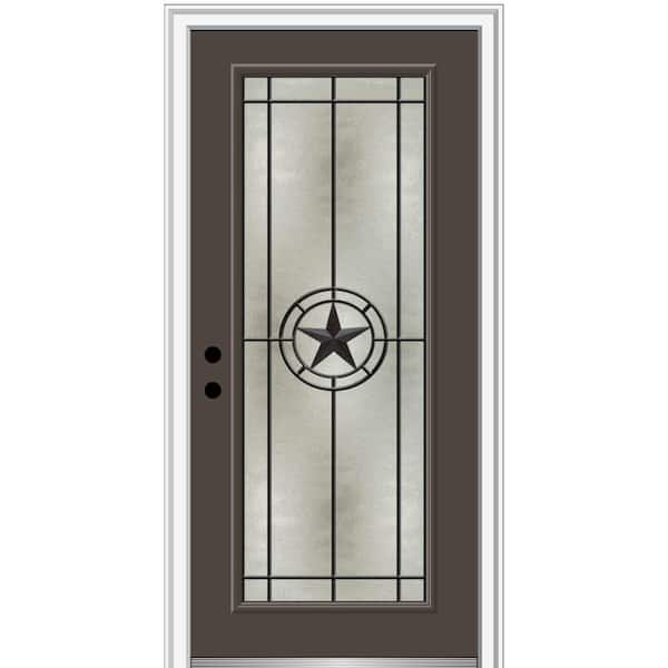 MMI Door Elegant Star 32 in. x 80 in. Right-Hand/Inswing Full Lite Decorative Glass Brown Painted Fiberglass Prehung Front Door