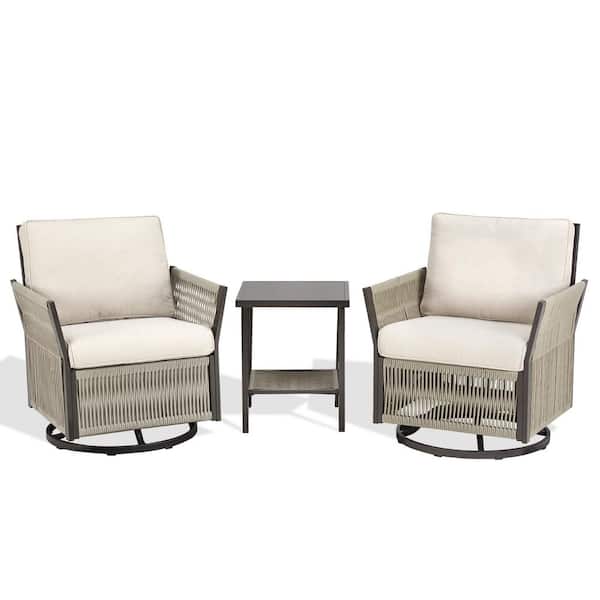 3-Piece Wicker Patio Conversation Set Outdoor Rocking Chair with a Table, Beige Cushions, 360° Arbitrary Rotation