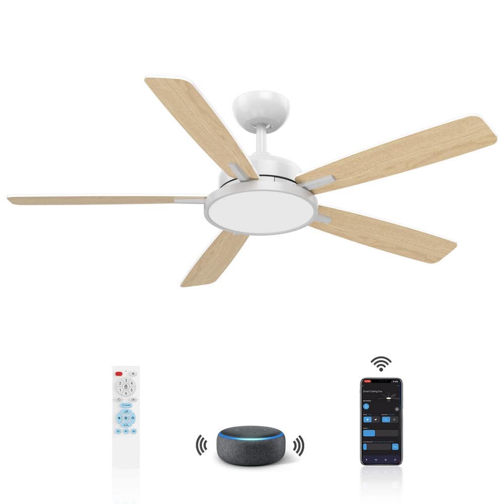52-Inch White and Light Brown Smart Ceiling Fan with LED Light and Remote