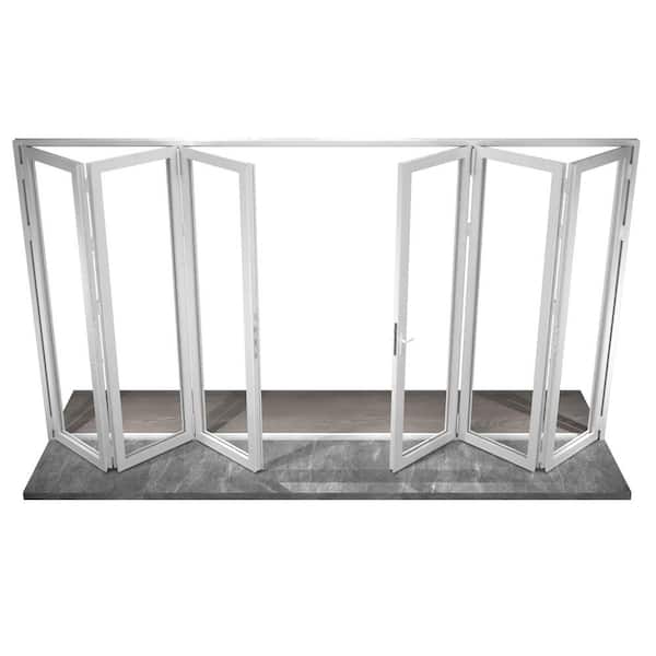 216 in. x 96 in. Center Opening/Outswing Double Tempered Glass White Aluminum Folding Patio Door