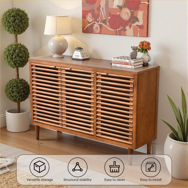 Ahokua Modern 3-Door Brown 31 in. Storage Cabinet with Slatted