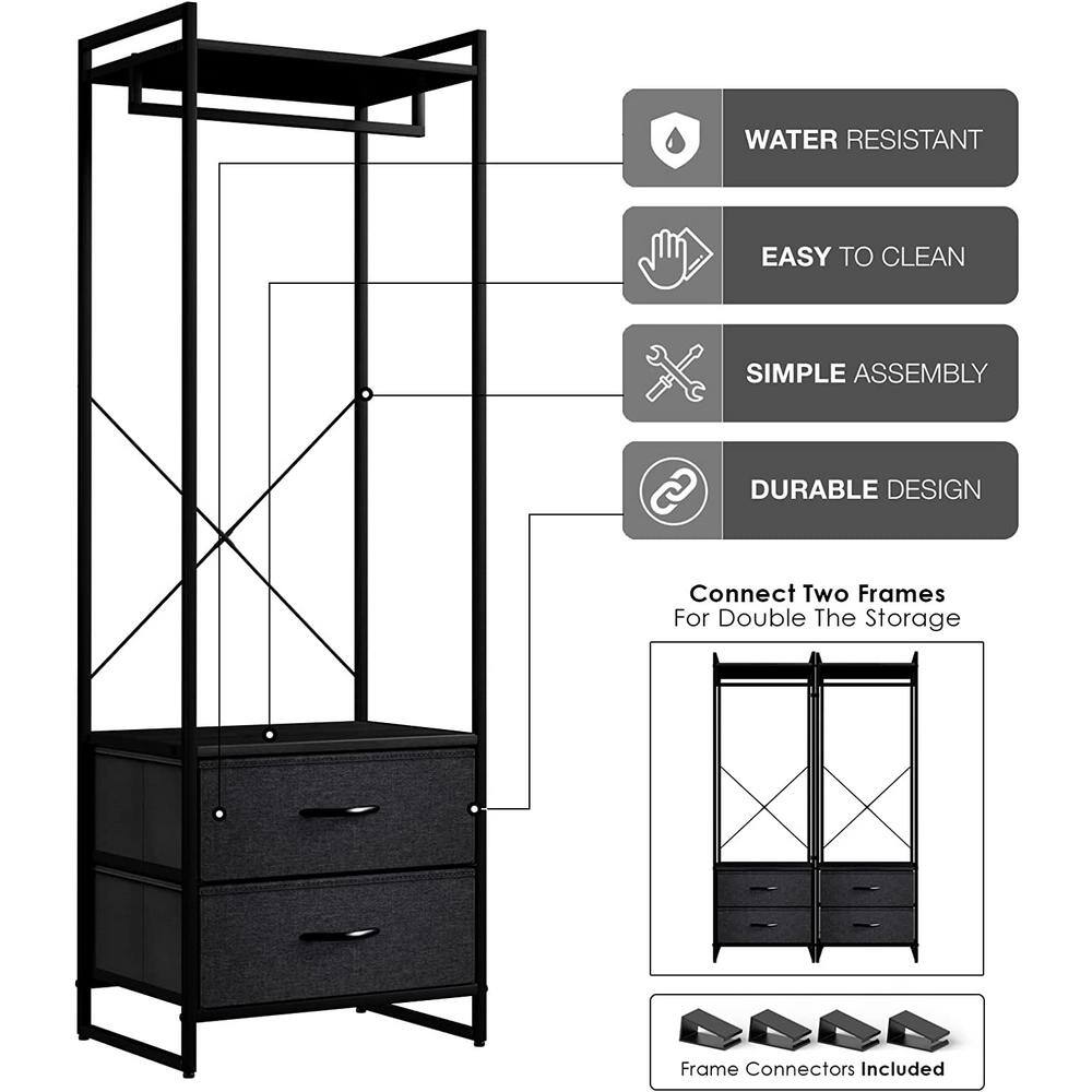 Black Portable Wood Garment Rack with Drawers