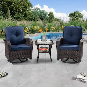 3-Pcs Dark Brown Wicker Outdoor Rocking Chair Patio Conversation Set Swivel Chairs with Blue Cushions and Table