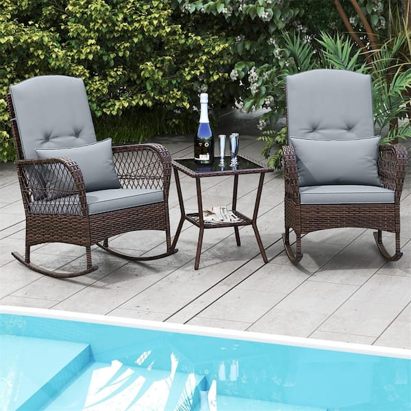HONEY JOY 3-Piece Wicker Outdoor Bistro Set Rocking Chairs with 2-Tier Coffee Table for Porch Garden and Poolside Gray Cushion