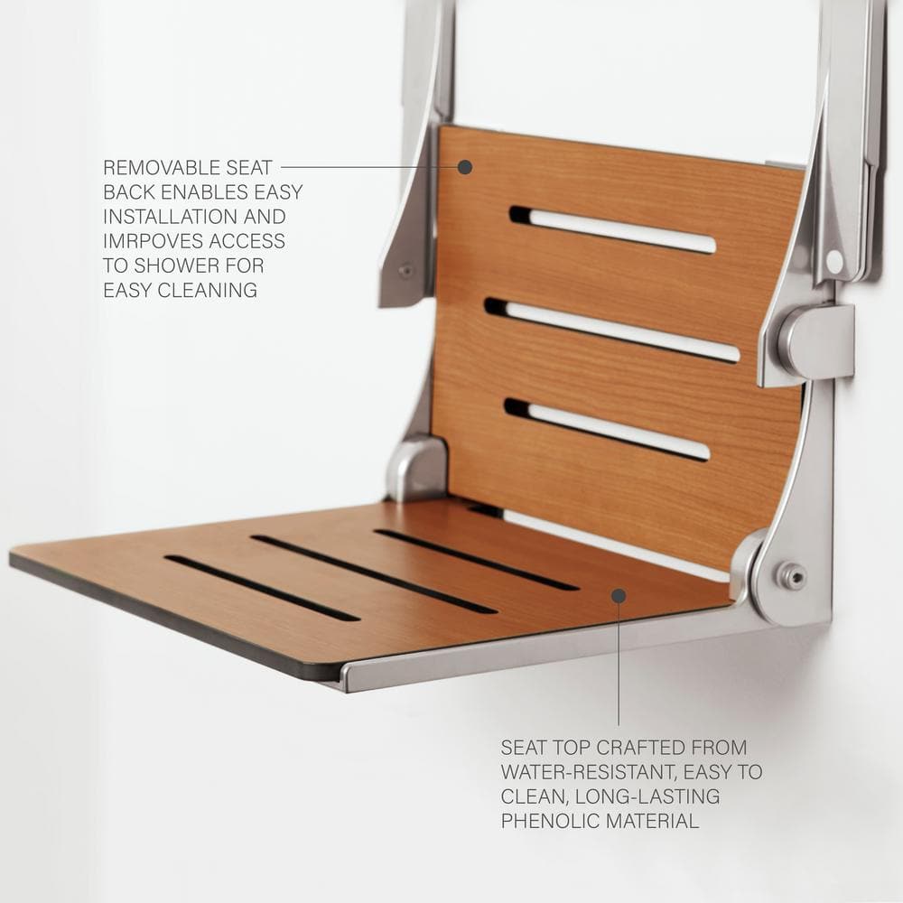 Seachrome Silhouette Teak and Silver Folding Shower Seat with Arms