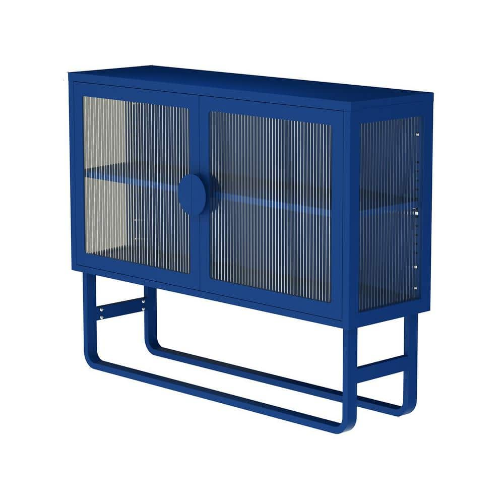 47.24 in. W x 13.58 in. D x 35.43 in. H Blue Tempered Glass Linen Cabinet with 2 Fluted Glass Doors and Adjustable Shelf