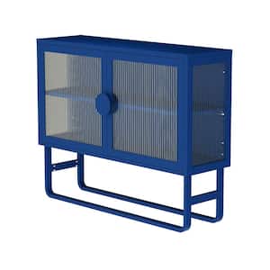 47.24 in. W x 13.58 in. D x 35.43 in. H Blue Tempered Glass Linen Cabinet with 2 Fluted Glass Doors and Adjustable Shelf