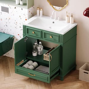 29.37 in. W x 17.87 in. D x 33.14 in. H Single Sink Freestanding Bath Vanity in Green with White Resin Top and Storage