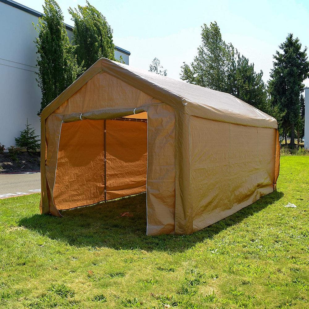 Beige 10' x 20' Metal Frame Carport Tent with Fabric Roof