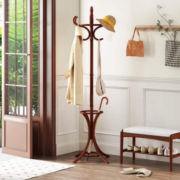 Clihome Brown/Natural Freestanding Wooden Coat Rack with Umbrella