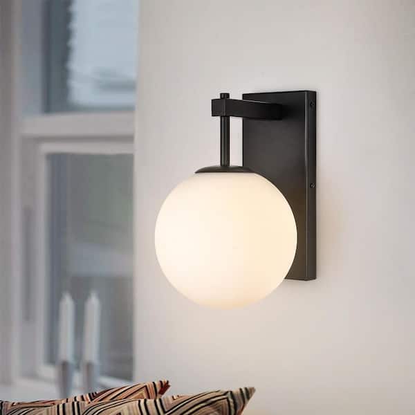 PAKOKULA Modern 7.5 in. Matte Black Outdoor and Indoor Wall Sconce with White Globe Glass Shade
