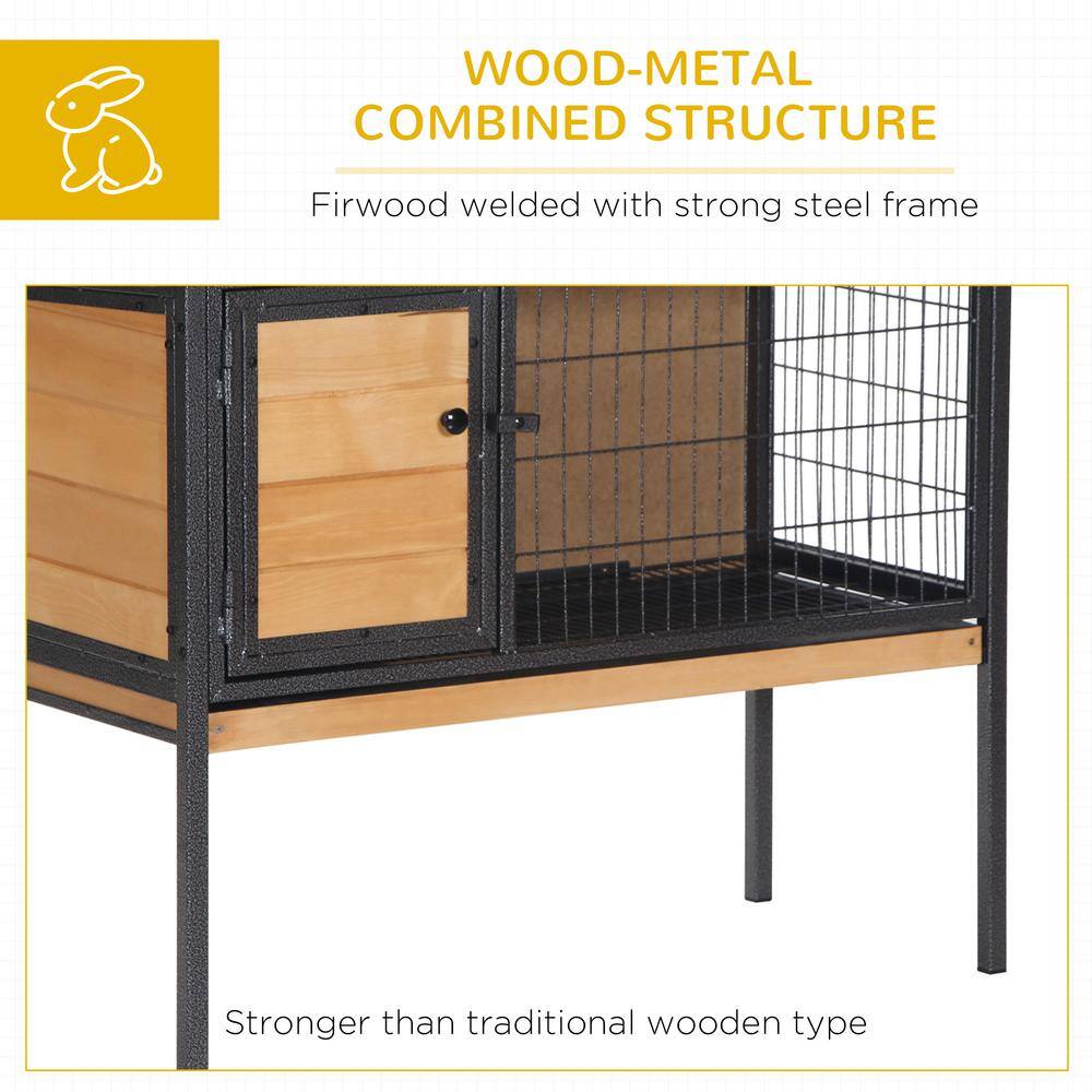 Natural Wood Elevated Rabbit Hutch with Metal Frame and Asphalt Roof
