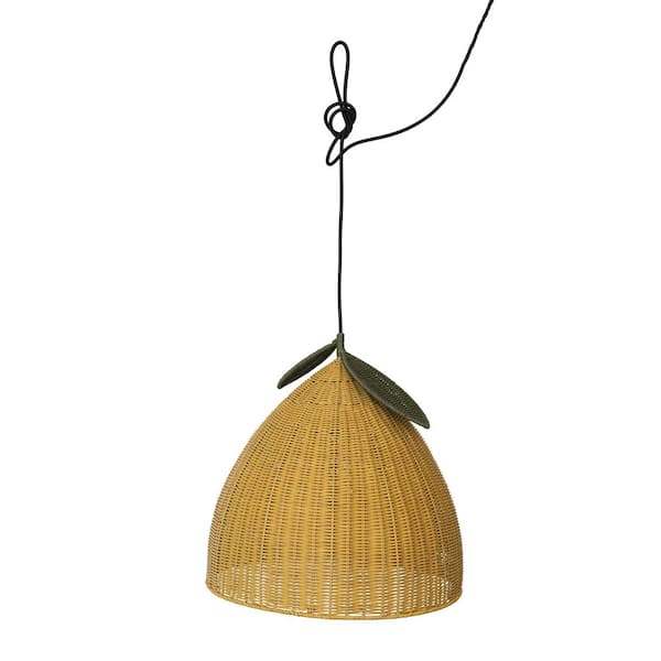 60-Watt 1 Light Yellow and Green Lemon Shaped Pendant Light with Hand-Woven Rattan Shade