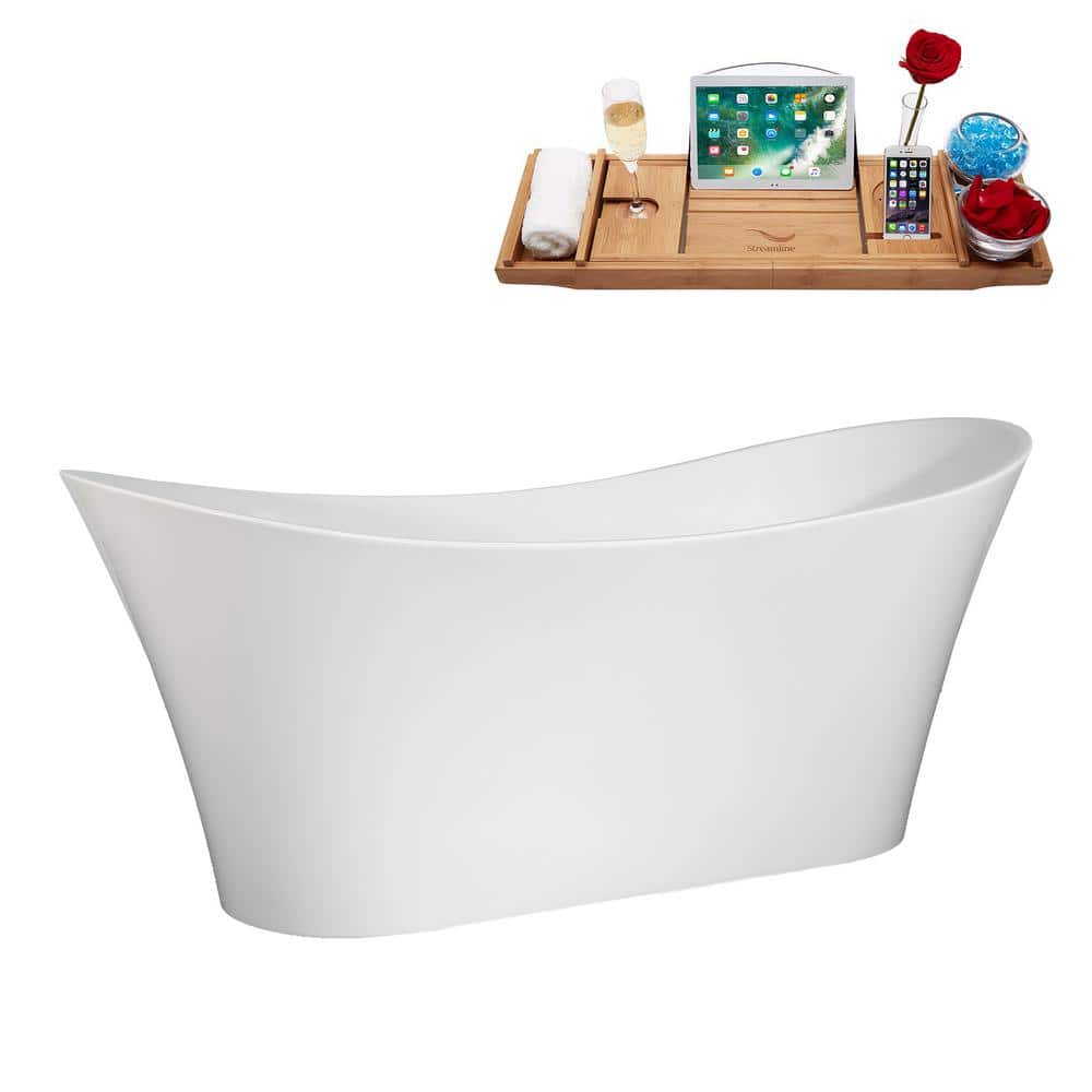 67" Glossy White Acrylic Freestanding Double Slipper Bathtub with Polished Gold Trim