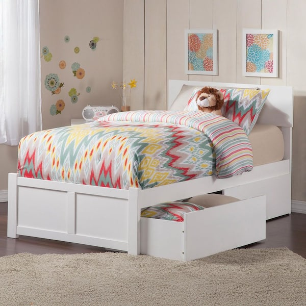 Orlando White Twin Solid Wood Storage Platform Bed with Flat Panel Foot Board and 2 Bed Drawers