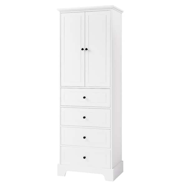 23.3 in. W x 15.7 in. D x 68.1 in. H White MDF Freestanding Linen Cabinet with 4-Large Drawers and Adjustable Shelves