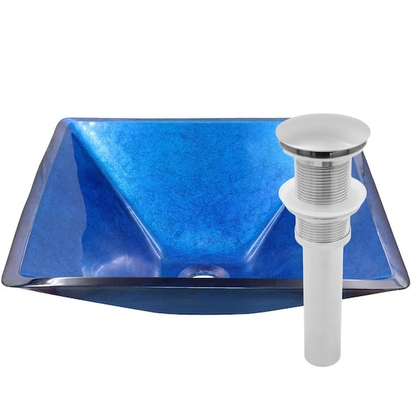 Novatto Verdazzurro Bright Blue Glass Square Vessel Sink with Drain in Brushed Nickel