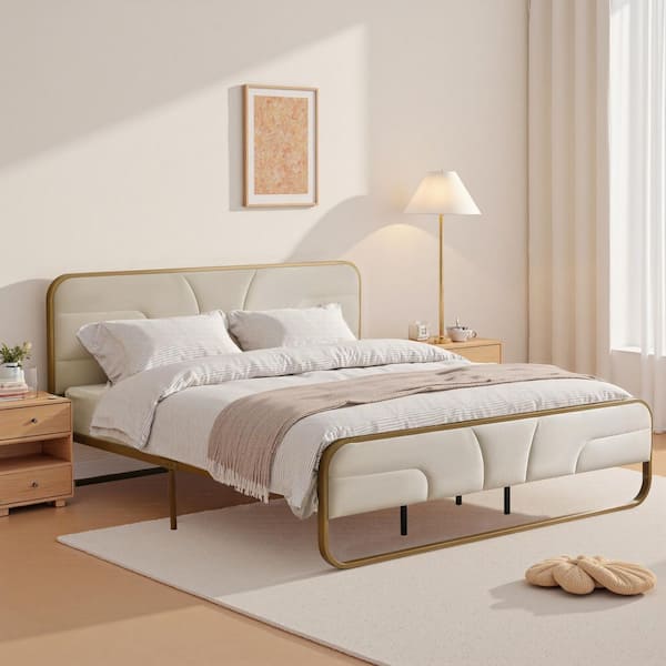 Cream White Frame Full Size Soft Velvet Platform Bed with 10 in. Under Bed Storage Supported by Metal and Wooden Slats
