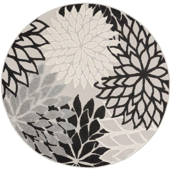 Nourison Aloha Contemporary Black White 5 ft. Round Floral Indoor/Outdoor Patio Area Rug