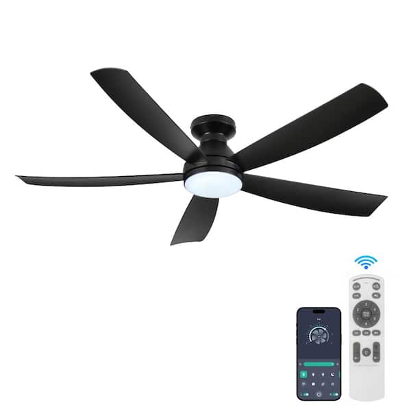 52 in Modern Balck 6 Speeds Black Standard Flush Mount Ceiling Fan with 3-Color Dimmable LED Light, APP and Remote
